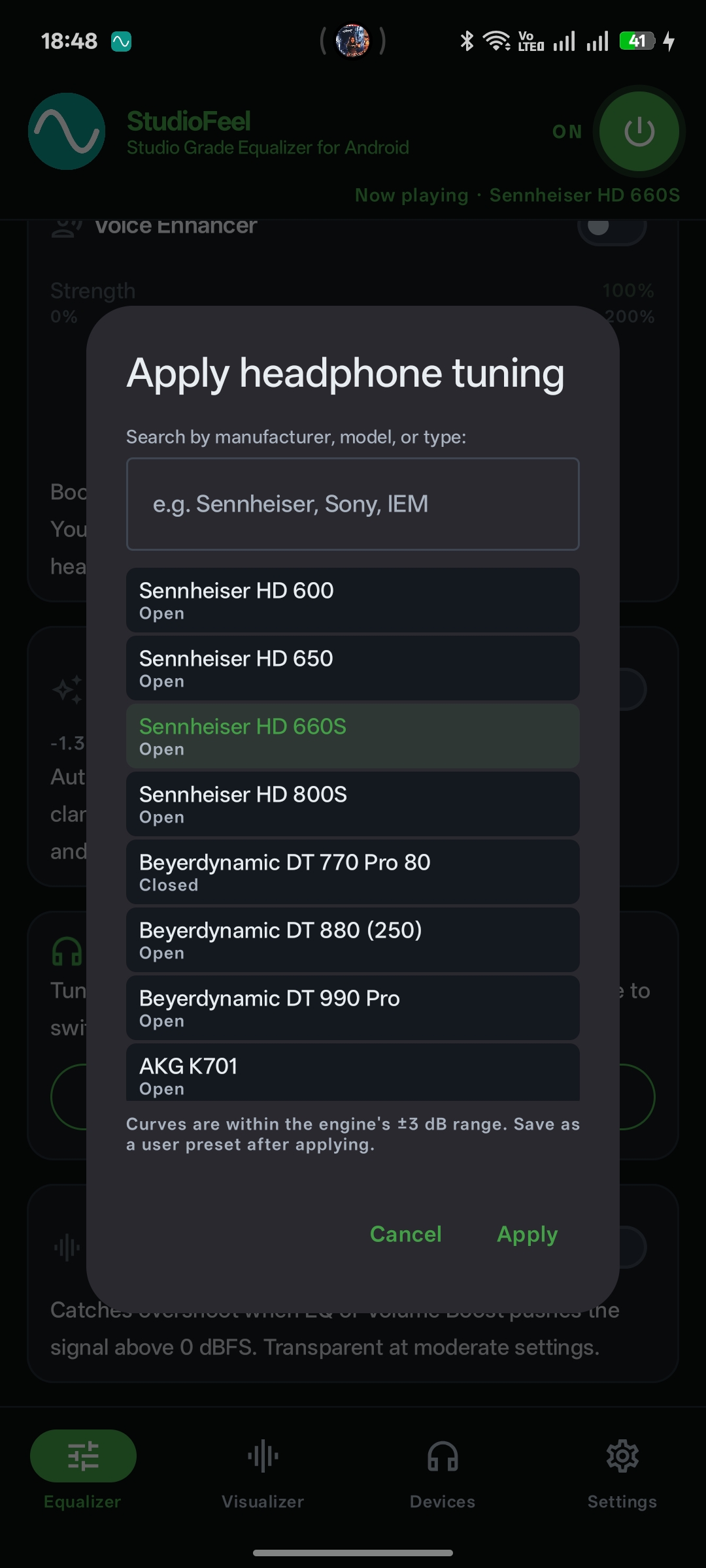 Match My Headphones dialog with brands and models