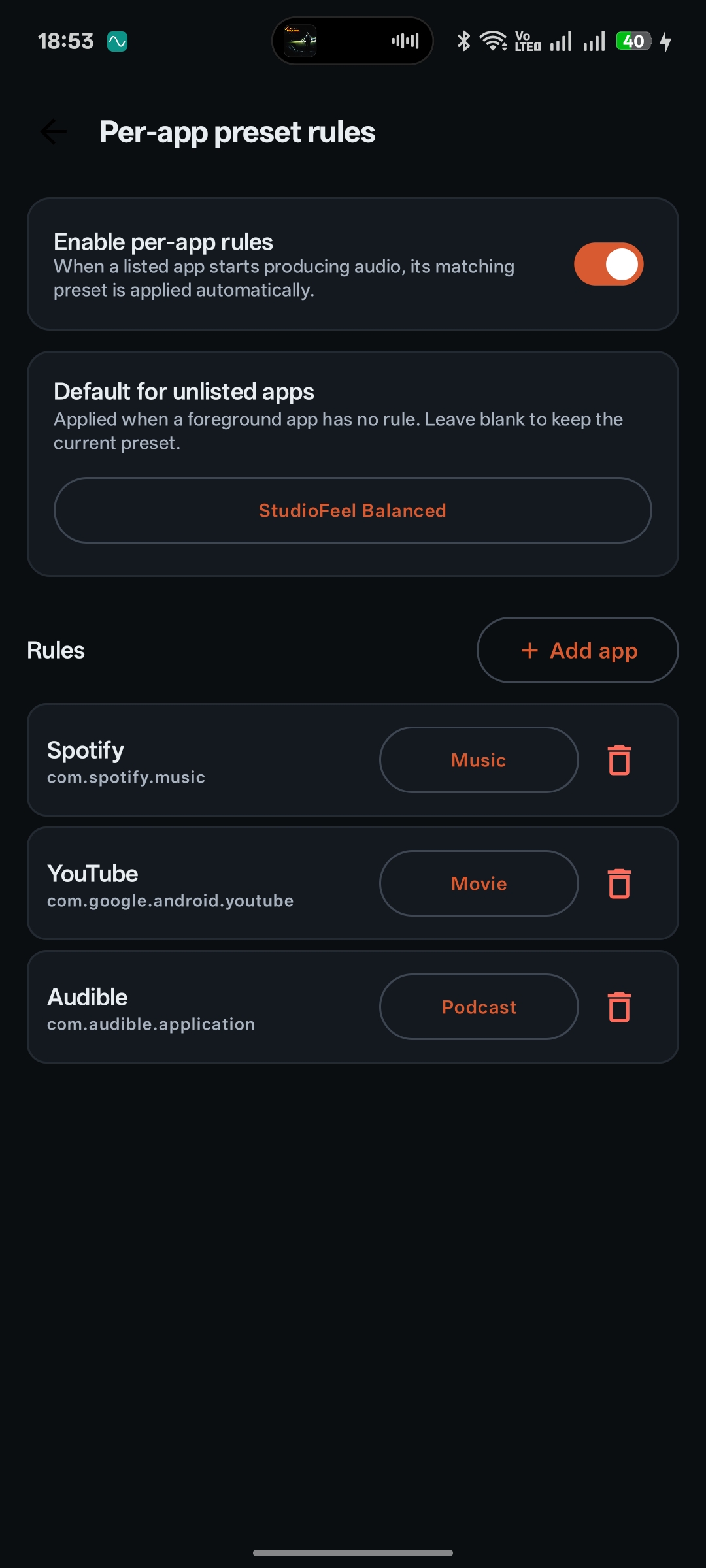 Per-app rules screen with apps paired to presets