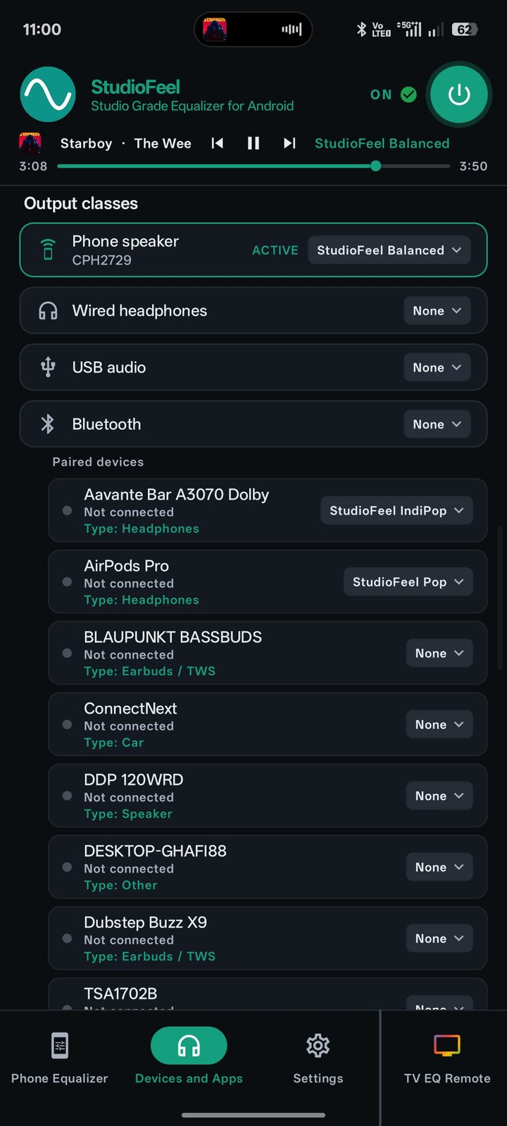 Devices and Apps tab: output classes and paired Bluetooth devices, each with its own preset