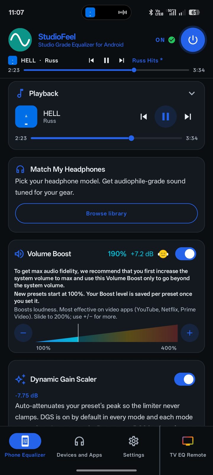 Playback card, Match My Headphones library and Volume Boost on the phone