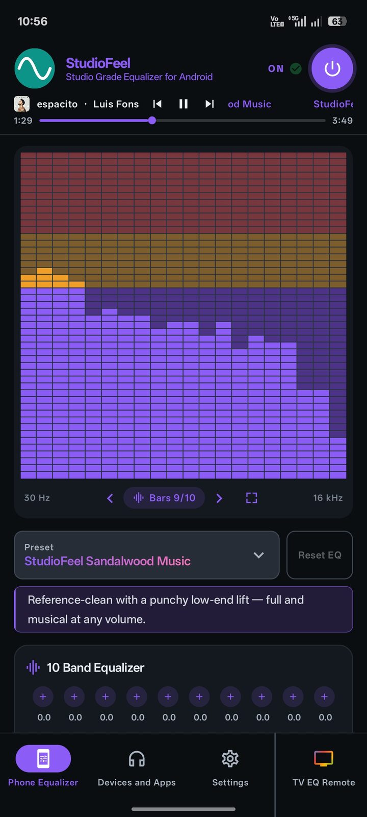 Full-screen bar visualizer tinted purple with the Sandalwood Music preset active