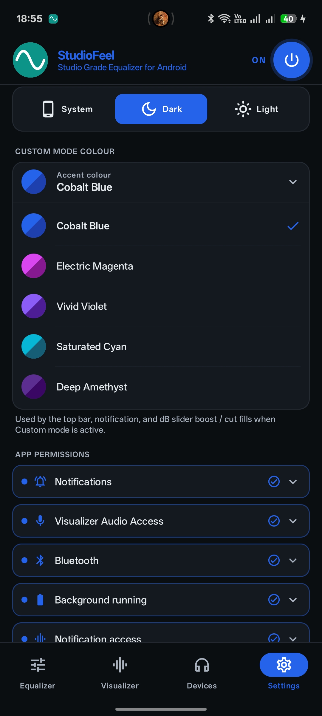 Settings tab with theme and accent options